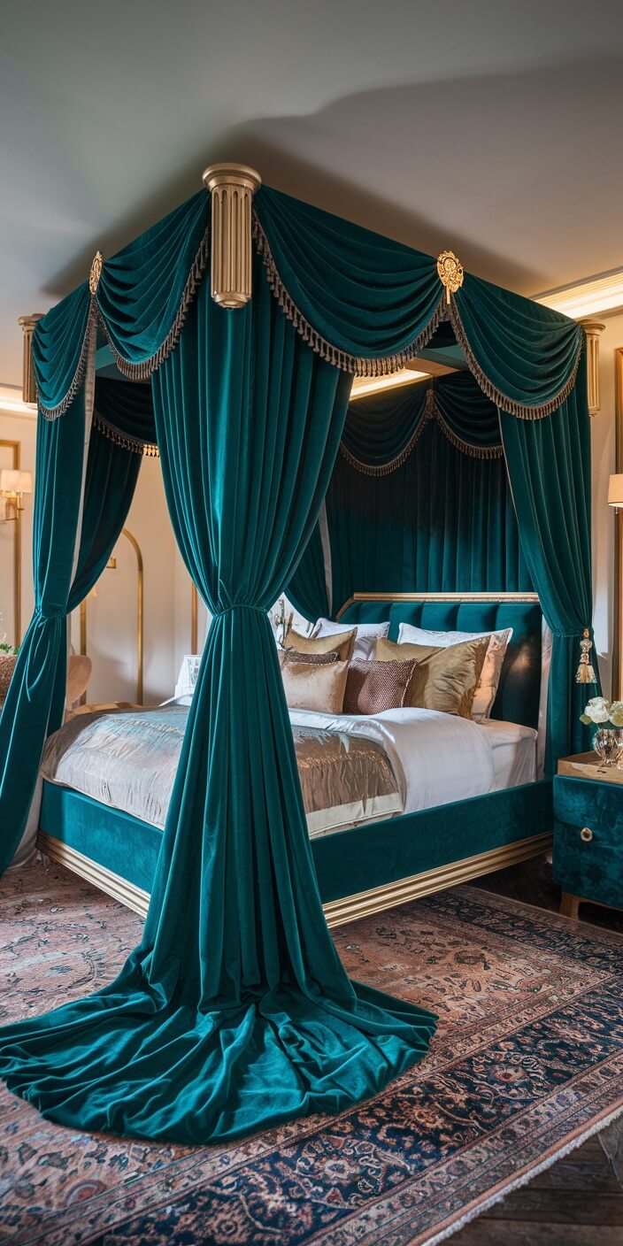 Luxurious bedroom with a teal velvet canopy bed, gold accents, and a patterned rug, creating an elegant, opulent atmosphere.