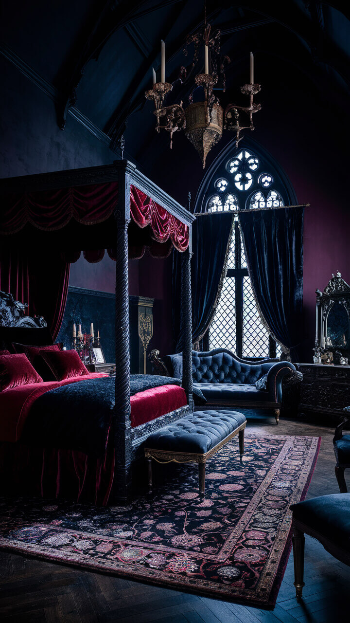 Gothic bedroom with rich red and black decor, canopy bed, ornate chandelier, arched window, and vintage furniture, creating a dramatic atmosphere.