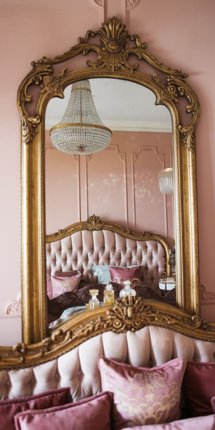 Elegant vintage mirror reflects ornate chandelier, tufted headboard, and decorative pillows in a pink, opulently decorated room. Luxurious and sophisticated ambiance.