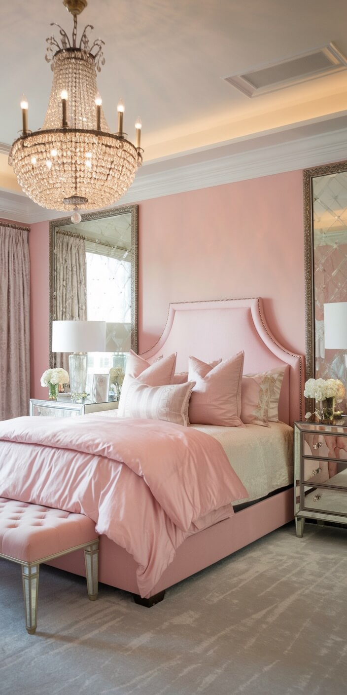 Elegant bedroom with a pink theme, featuring a luxurious chandelier, mirrored nightstands, plush bedding, and soft lighting, creating a cozy atmosphere.