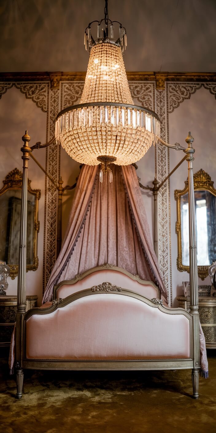 Luxurious bedroom features an ornate, canopied bed with pink drapes, exquisite crystal chandelier, and elegant mirrors in a richly decorated setting.