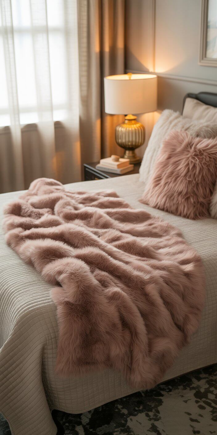 A cozy bedroom with a fluffy pink blanket, soft pillows, and a warm lamp on a bedside table, creating a serene atmosphere.