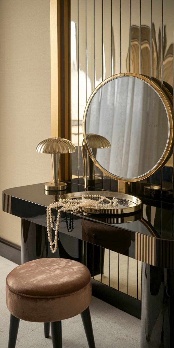 Elegant vanity with round mirror, metallic lamp, pearl necklace on tray, and velvet stool. Reflective surfaces enhance luxurious aesthetics.