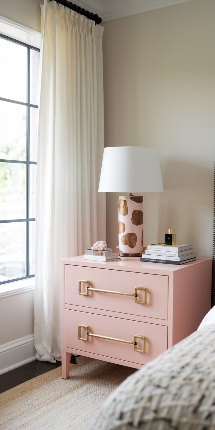 A pink nightstand with gold handles, beside a large window with white curtains. Lamp, books, and crystal decor on top. Cozy atmosphere.