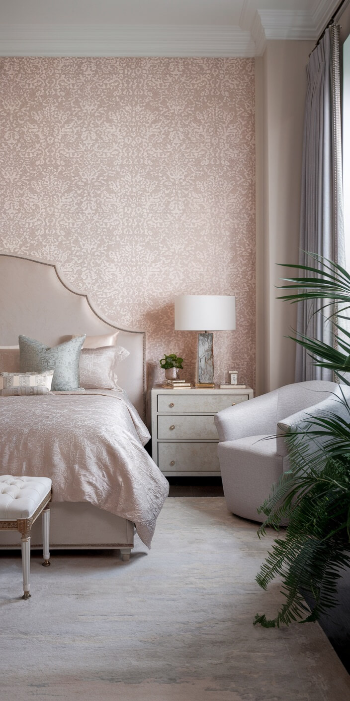 Elegant bedroom featuring a soft pink damask wallpaper, upholstered bed, white nightstand with lamp, cozy chair, and lush potted plants by window.