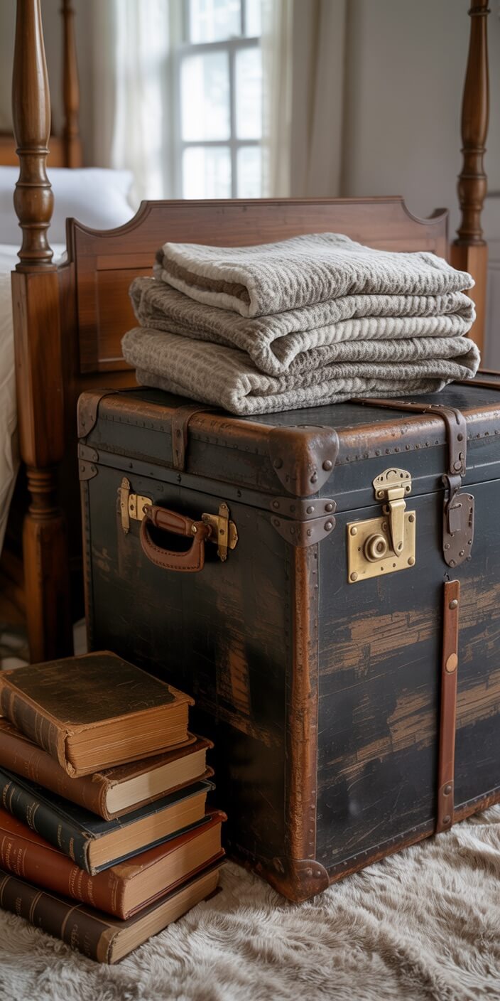 Vintage chest with folded blankets sits by a stack of old books on a cozy, fur rug. Bed and window visible nearby.