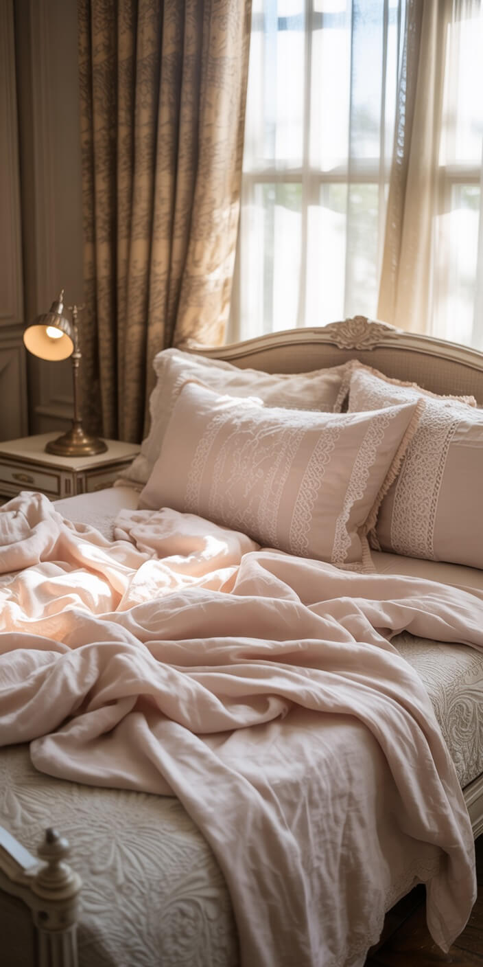 Elegant bedroom with a cozy, unmade bed and vintage lamp, illuminated by soft natural light streaming through large, patterned curtains.