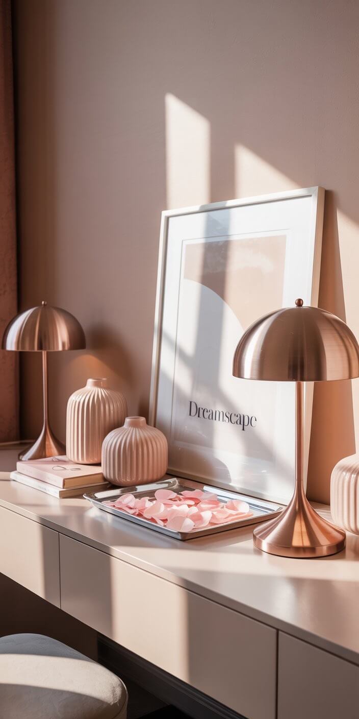 A minimalist vanity setup features rose gold lamps, decorative vases, and a "Dreamscape" framed print, bathed in warm sunlight.