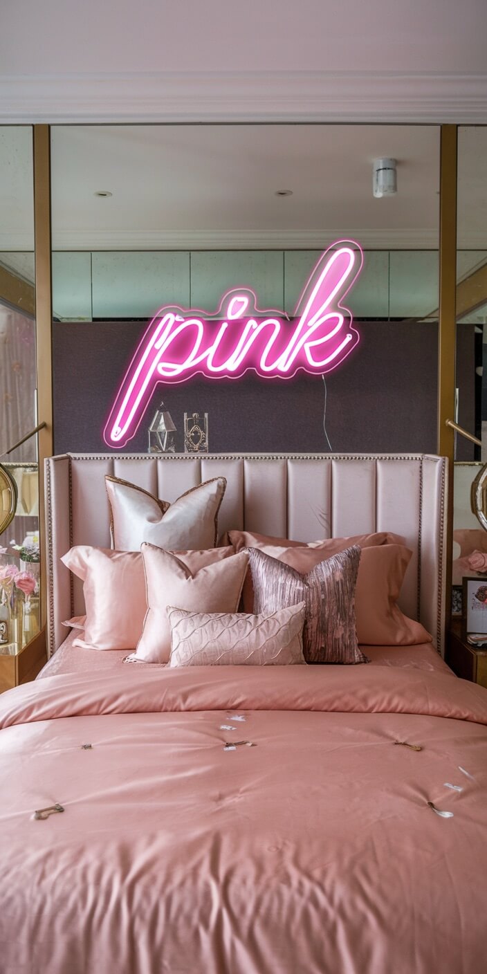 A stylish bedroom features a pink bedspread, decorative pillows, and a glowing neon "pink" sign above the headboard for a chic aesthetic.