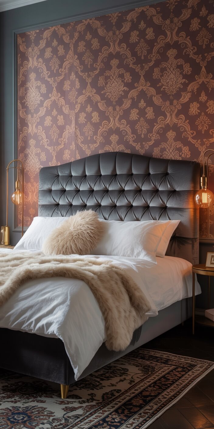Elegant bedroom with a tufted headboard, luxurious bedding, and patterned wallpaper. Soft lighting and a plush rug complete the cozy atmosphere.