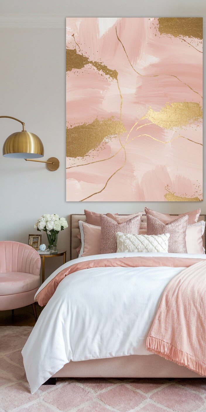 Elegant bedroom with pink and gold abstract painting, plush pillows, cozy bedding, soft pink chair, gold lamp, and fresh white flowers on table.