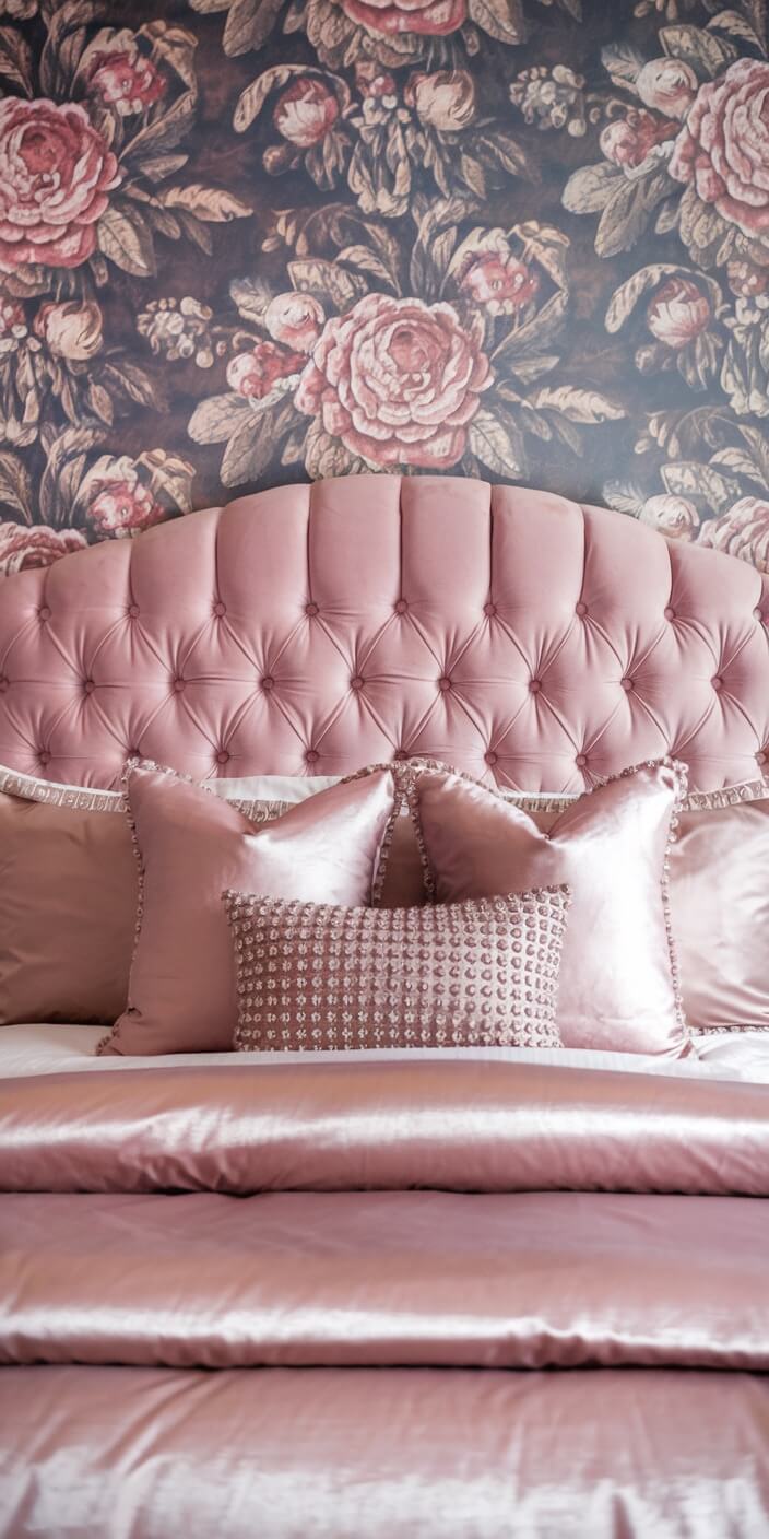 Elegant bedroom with a pink tufted headboard, satin pillows, and floral wallpaper, creating a luxurious and cozy aesthetic ideal for relaxation.
