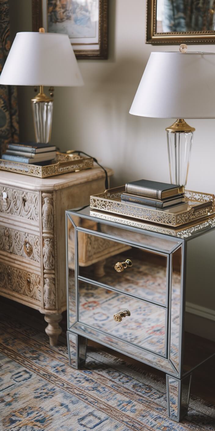 Elegant room with mirrored side tables, ornate trays, lamps, and books. Decorative elements enhance the classic, sophisticated ambiance of the space.