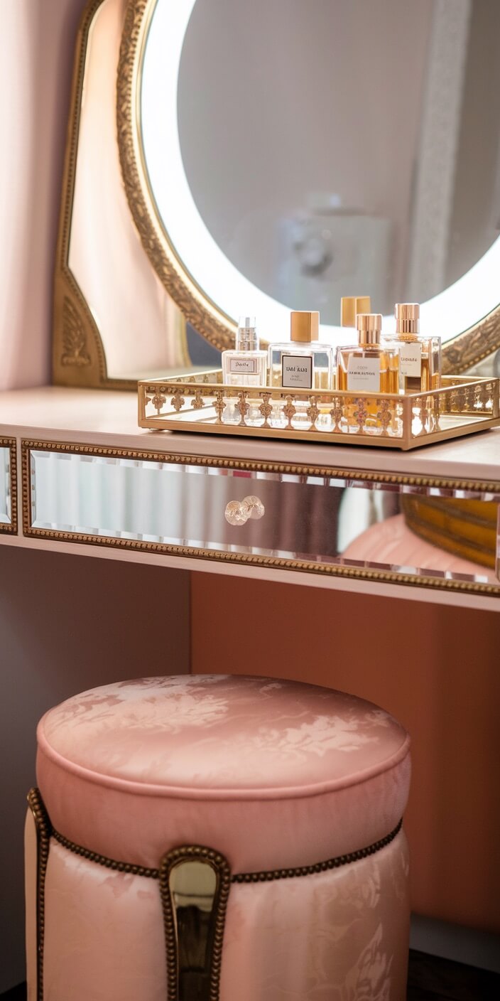 Elegant vanity table with circular mirror and perfumes arranged on a decorative tray, accompanied by a plush, pink, upholstered stool.
