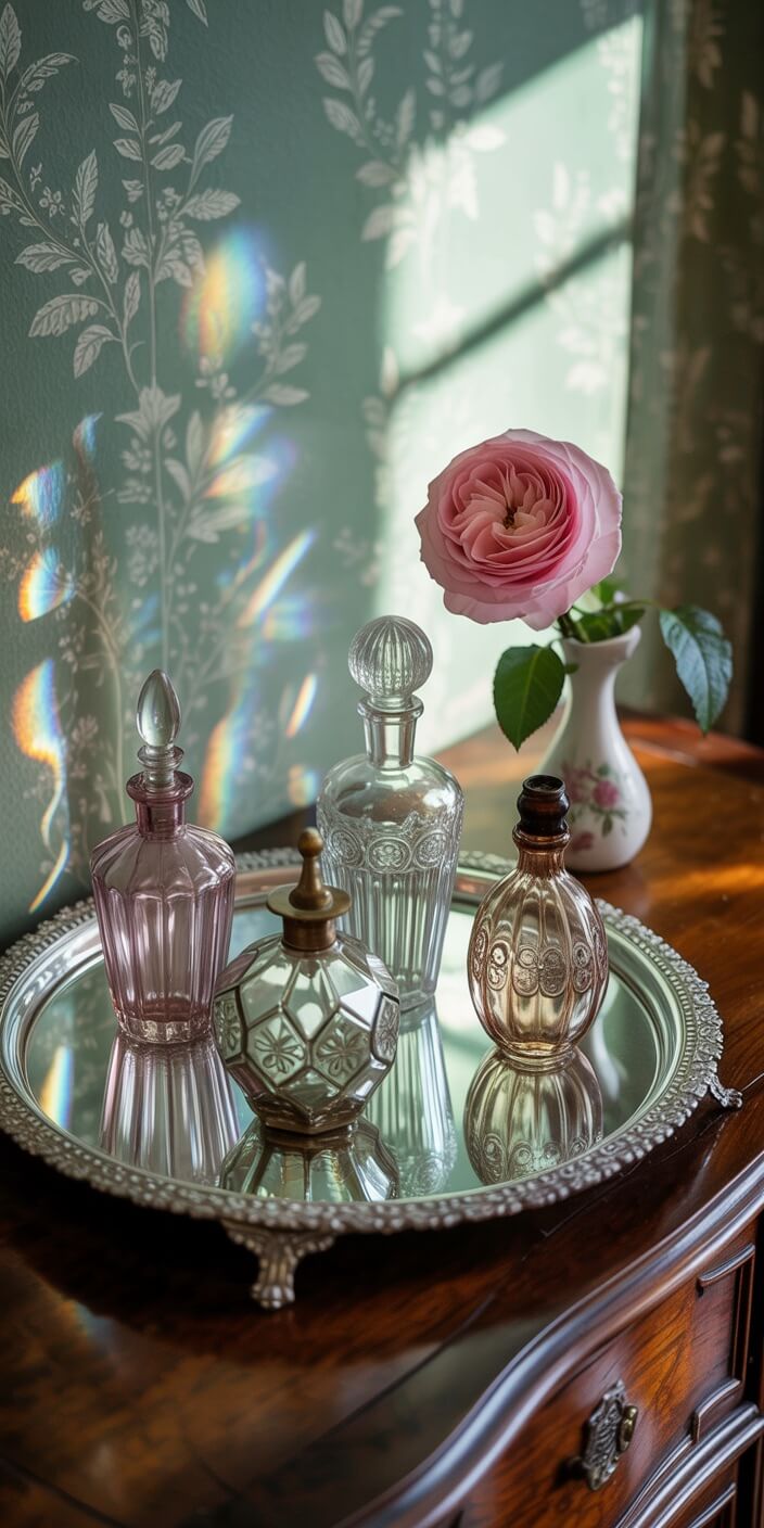 Elegant vintage perfume bottles and a pink rose in vase on ornate tray; adorned floral wallpaper background with soft light reflections.