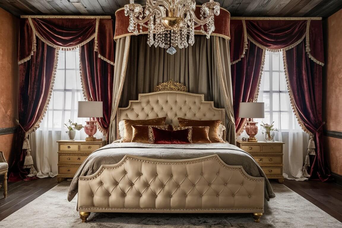 Luxurious bedroom with an elegant chandelier, plush velvet drapes, and a grand upholstered bed. Golden accents and opulent decor enhance sophistication.