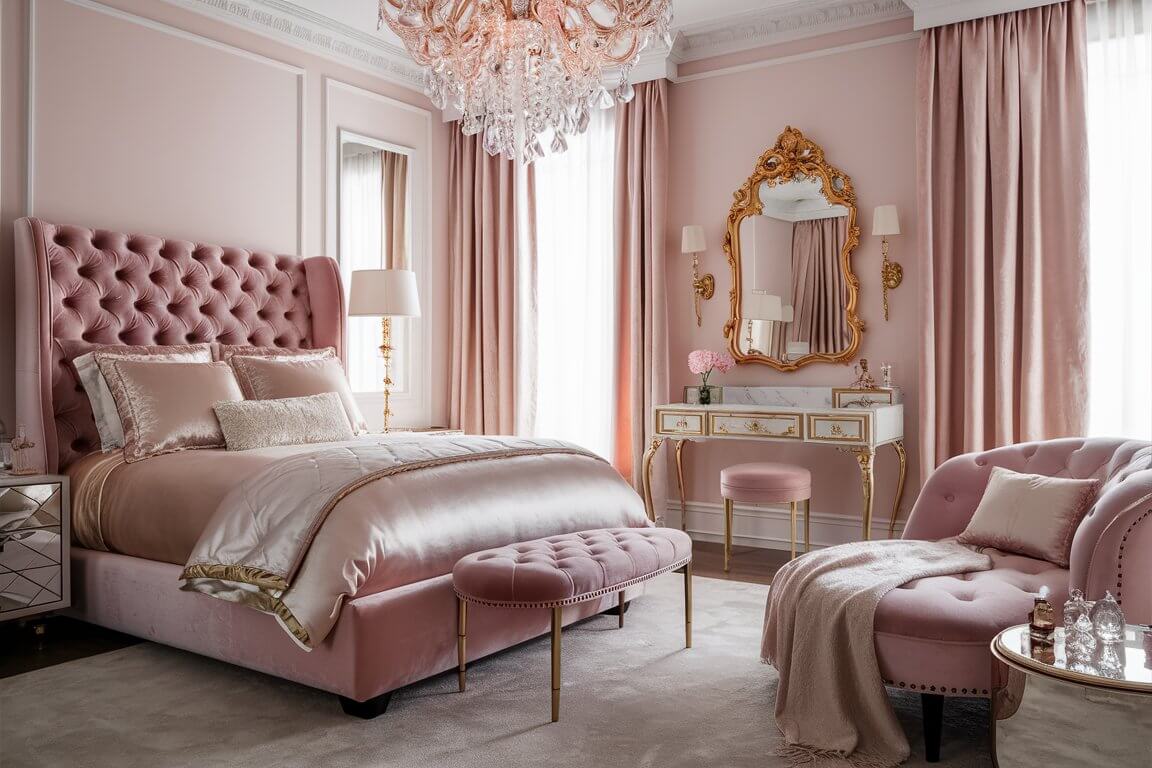 Elegant pink bedroom featuring a plush bed, tufted bench, ornate mirror, and chandelier, exuding luxurious and sophisticated decor elements.