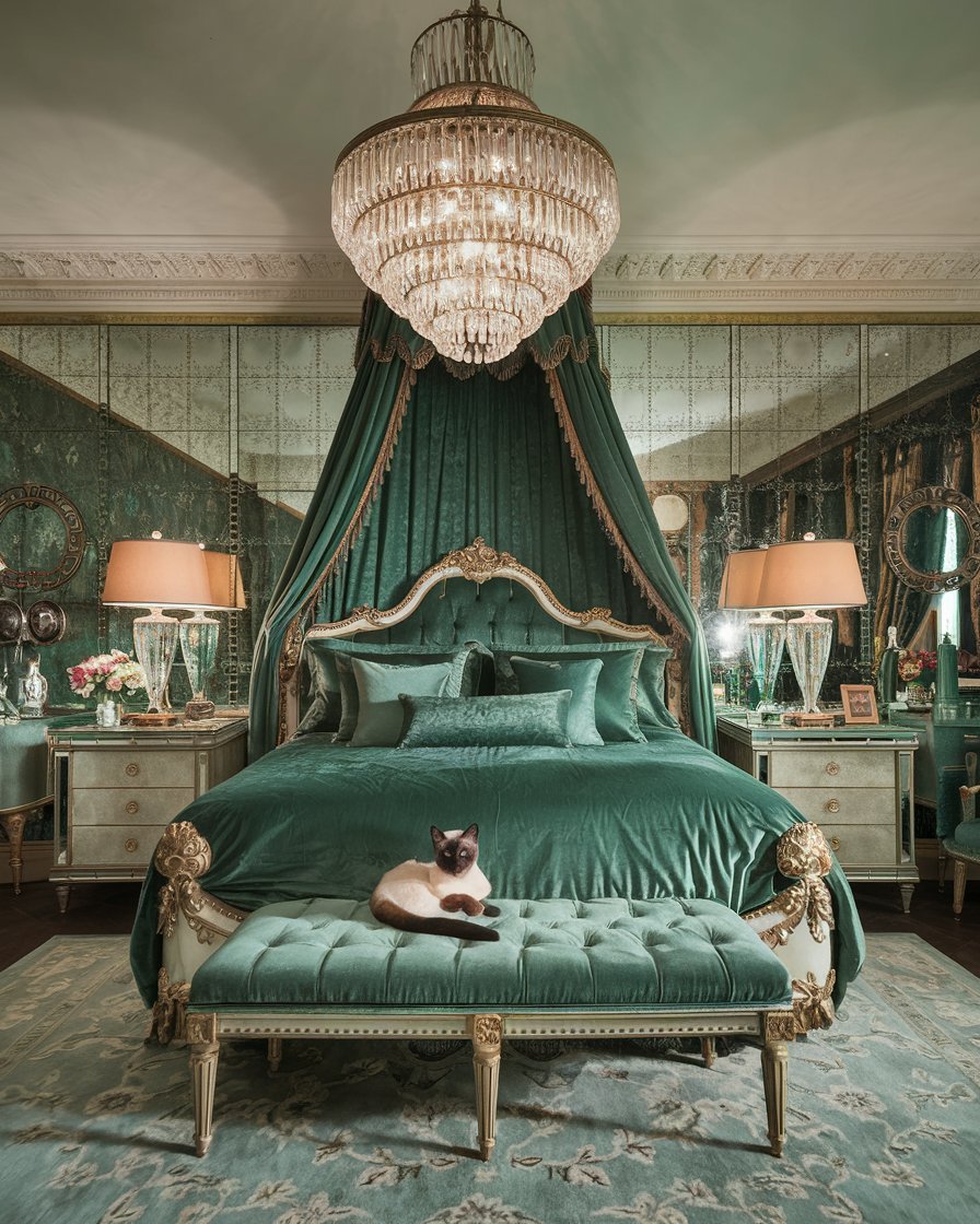 Luxurious bedroom with elegant green decor, ornate bed, and chandelier. A Siamese cat rests on a velvet bench at the foot of the bed.