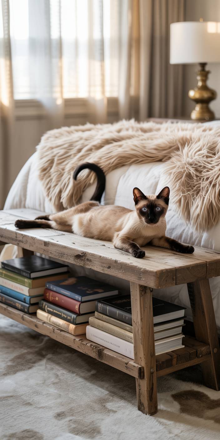 A Siamese cat lounges on a rustic wooden bench, surrounded by books, in a cozy bedroom with soft lighting and elegant decor.