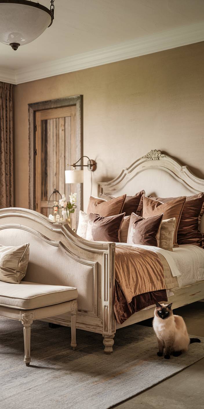 Elegant bedroom with a vintage bed, plush pillows, wooden accents, and a decorative bench. A Siamese cat sits by the bed.