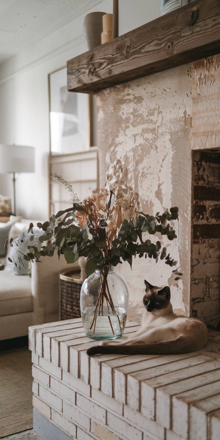 A cozy living room with a Siamese cat lounging on a white brick hearth next to a glass vase filled with dried flowers.