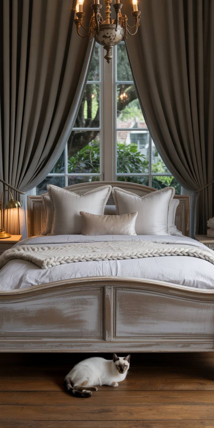 Elegant bedroom with a vintage chandelier, large window, and draped curtains. A cozy bed and a cat rest on a wooden floor.