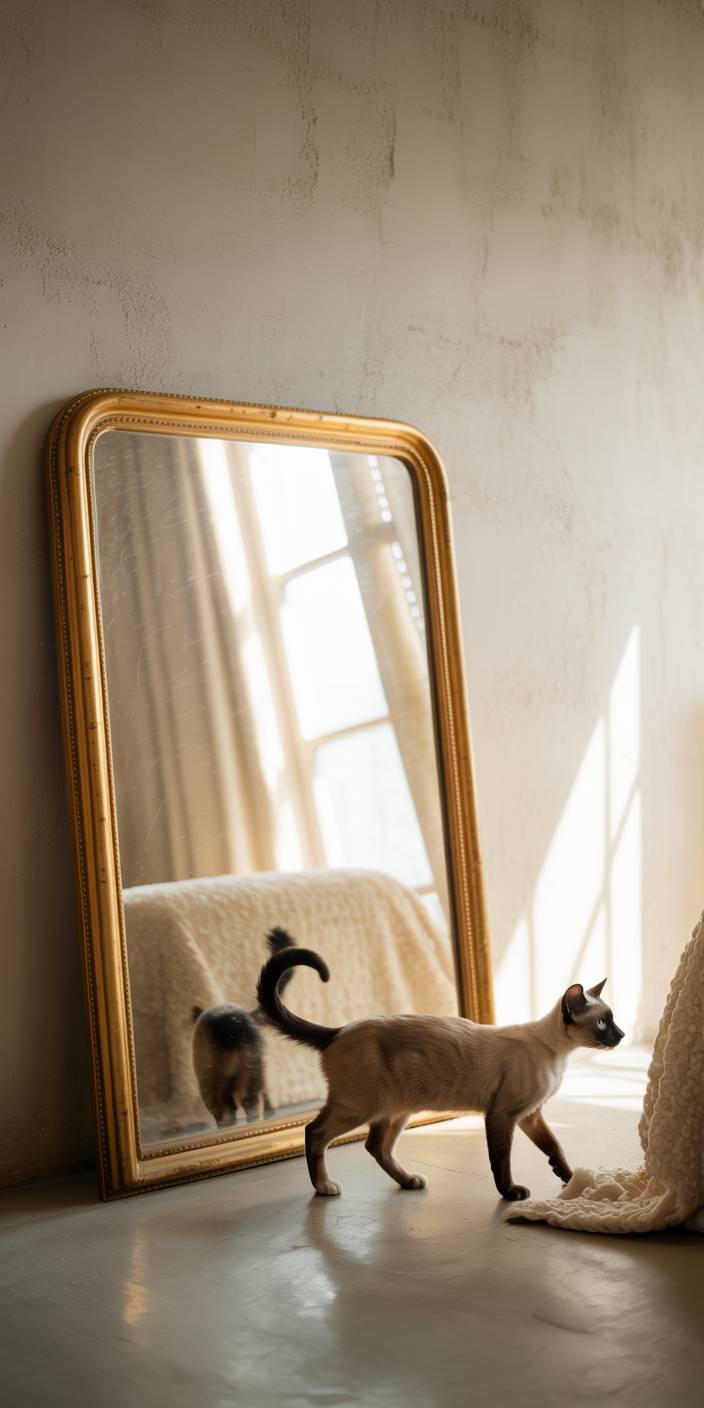 A Siamese cat walks by a large, ornate mirror, casting a reflection. Soft light filters through a nearby window, illuminating the scene.