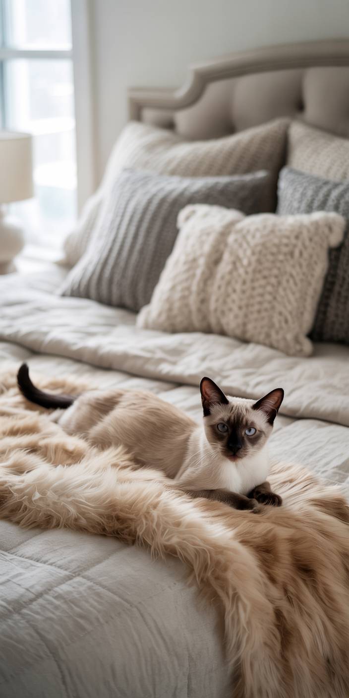 A Siamese cat lounges on a cozy bed with fluffy pillows, next to a window in a softly lit, elegant room.