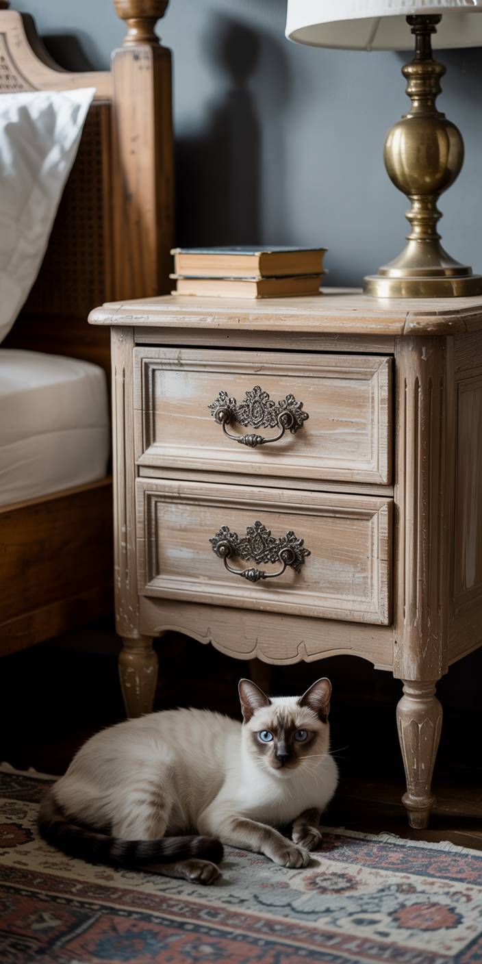 A Siamese cat rests on a patterned rug beside a vintage nightstand with ornate handles, topped with books and a brass lamp.