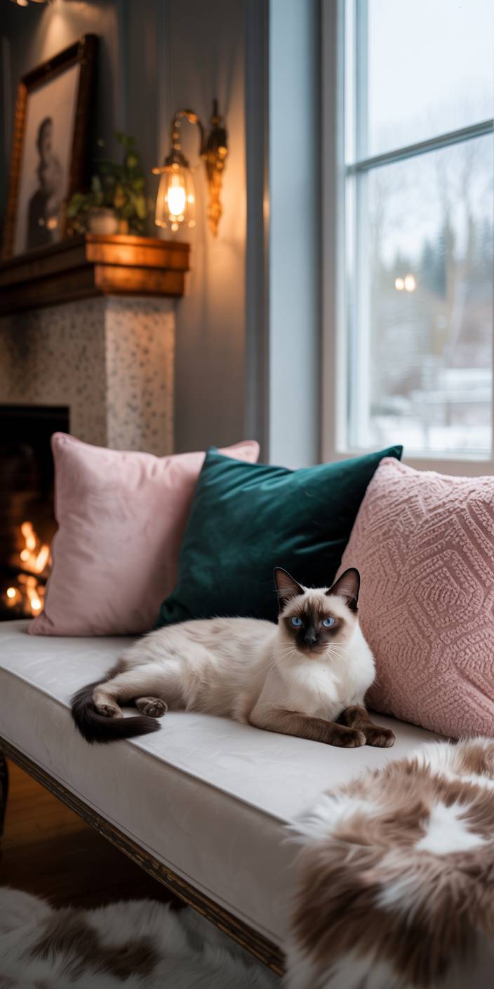 Elegant cat lounging on a comfortable sofa with colorful pillows, near a lit fireplace, in a cozy, warmly-lit room.