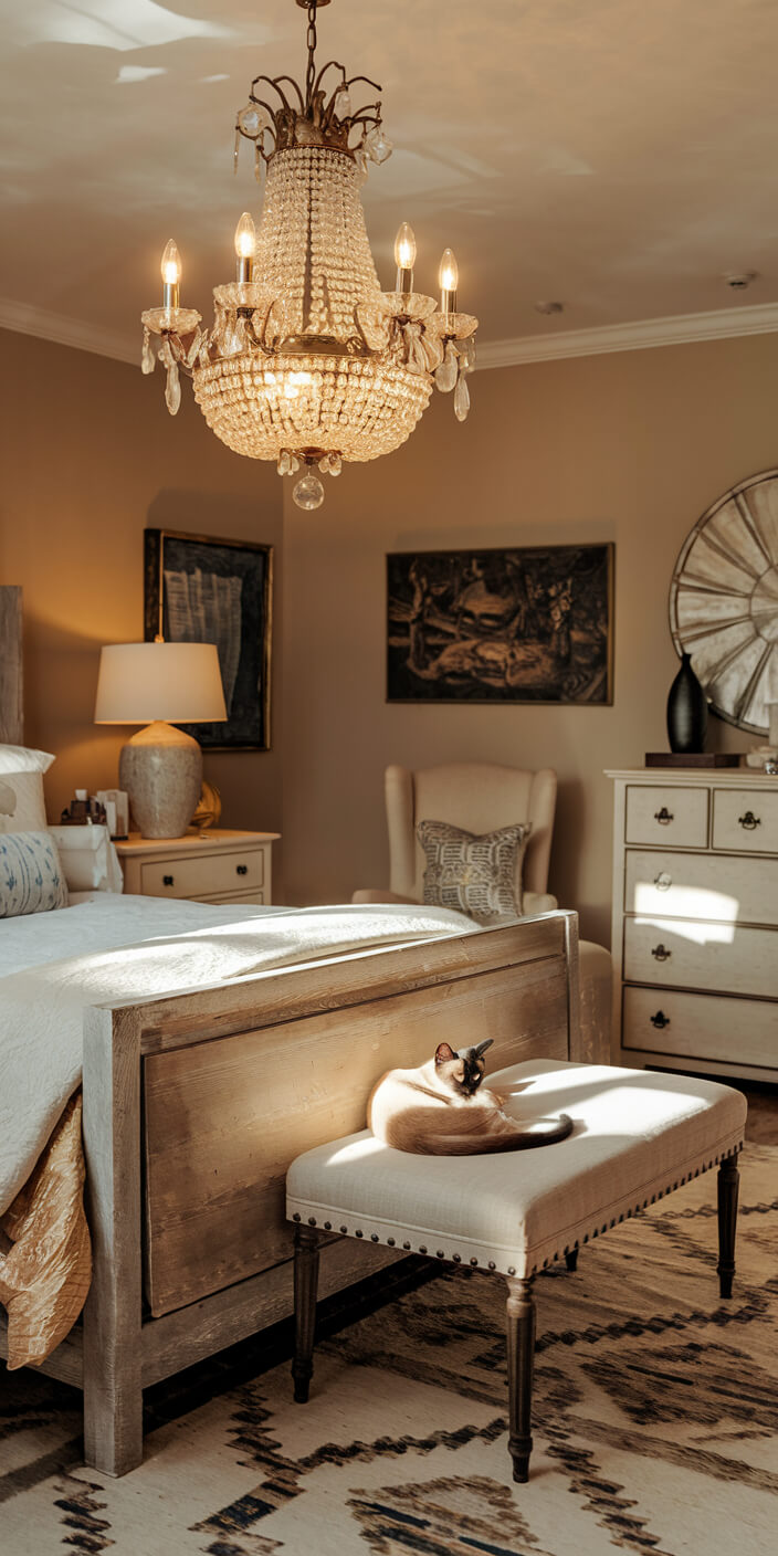 A cozy bedroom features a chandelier, elegant furniture, art on walls, and a cat relaxing on a bench, basking in sunlight.