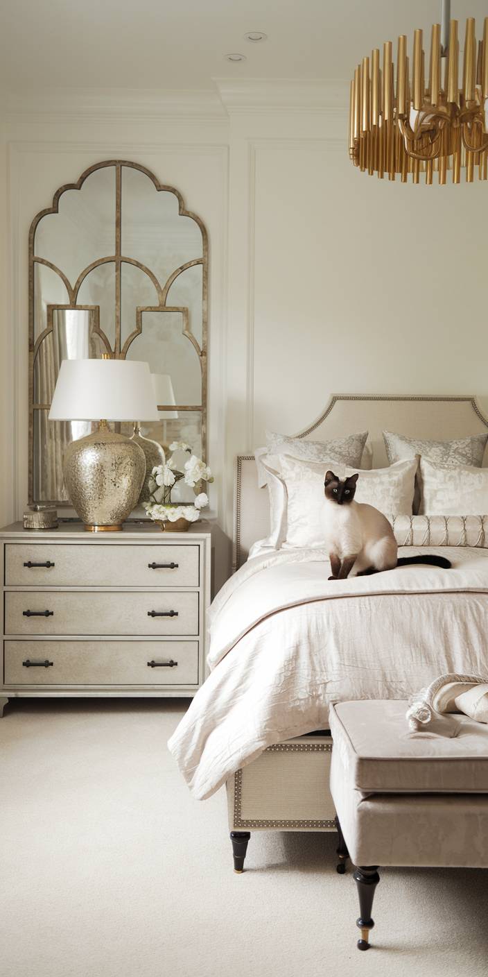 Elegant bedroom with a Siamese cat on the bed, a large decorative mirror, ornate lamp, and chandelier creating a cozy atmosphere.