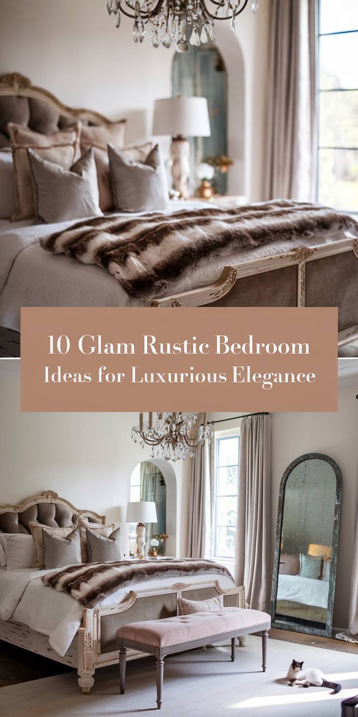 Luxurious bedroom features elegant decor with chandelier, plush bedding, large mirror, and a cozy bench. A cat lounges on the floor.