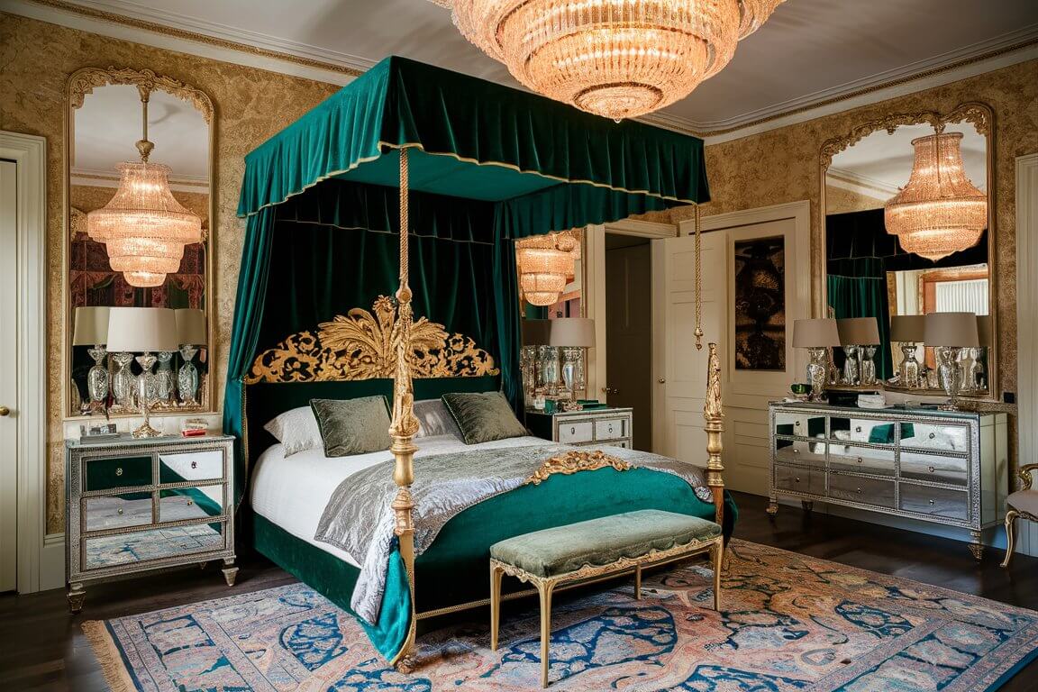 Luxurious bedroom features a green canopy bed, ornate mirrors, elegant chandelier, mirrored dressers, and an intricately patterned rug for opulent decor.