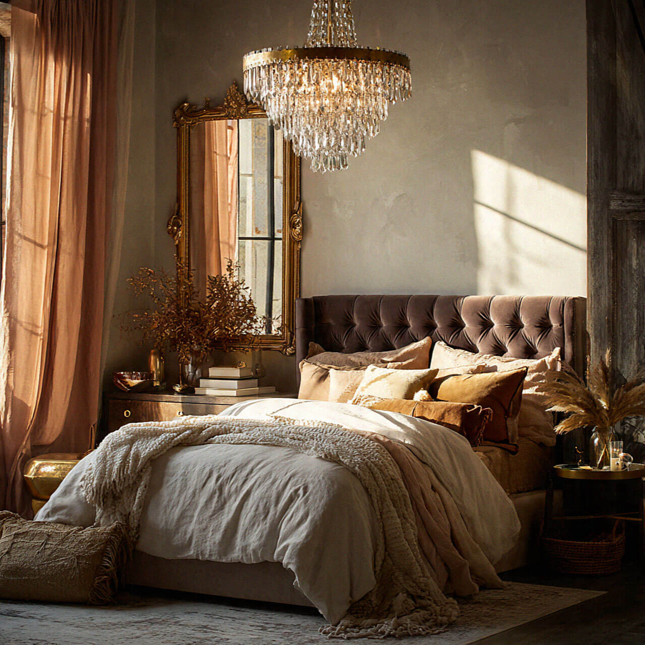 Luxurious bedroom with a tufted headboard, crystal chandelier, gilded mirror, and sunlight streaming through peach curtains.