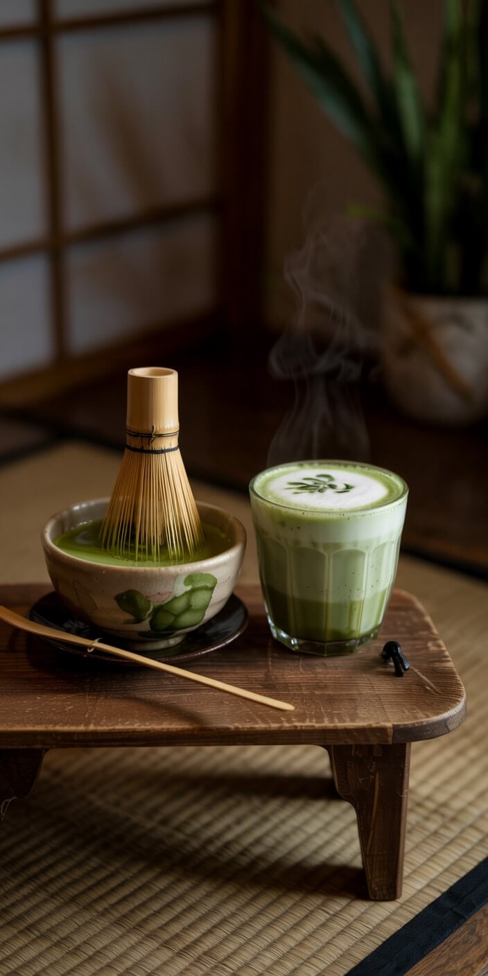 A serene tea setting on tatami mat, featuring matcha whisk, bowl, and steaming latte. Traditional ambiance with wooden table and room divider.