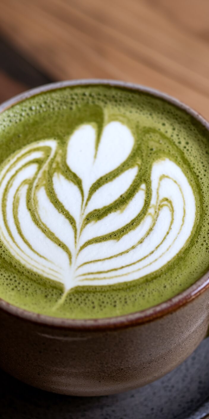 A close-up of a matcha latte in a ceramic cup, featuring intricate white foam art on top.