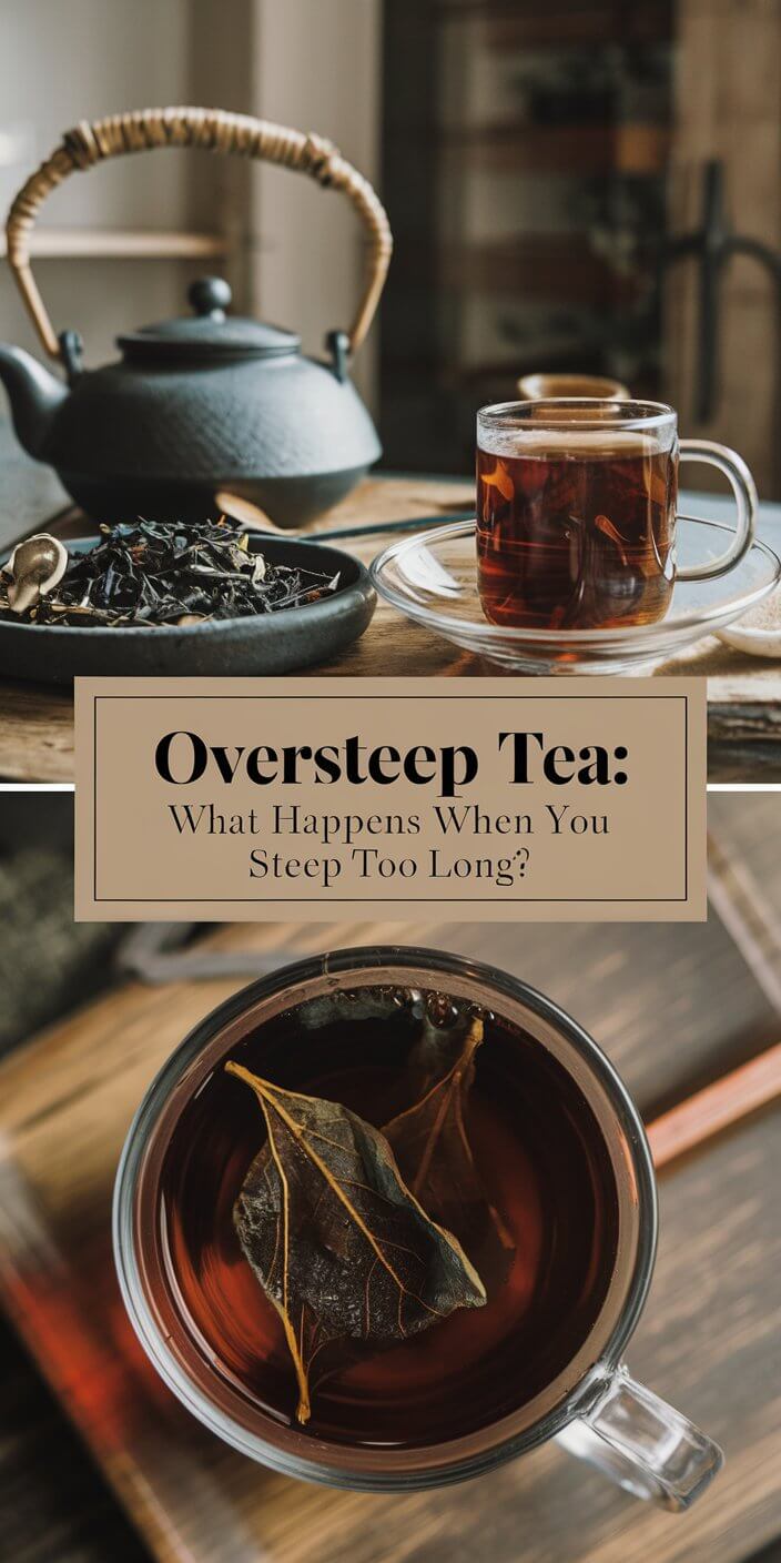 A black teapot with loose tea sits on a table; text discusses effects of oversteeping tea, accompanied by a close-up of brewed tea.