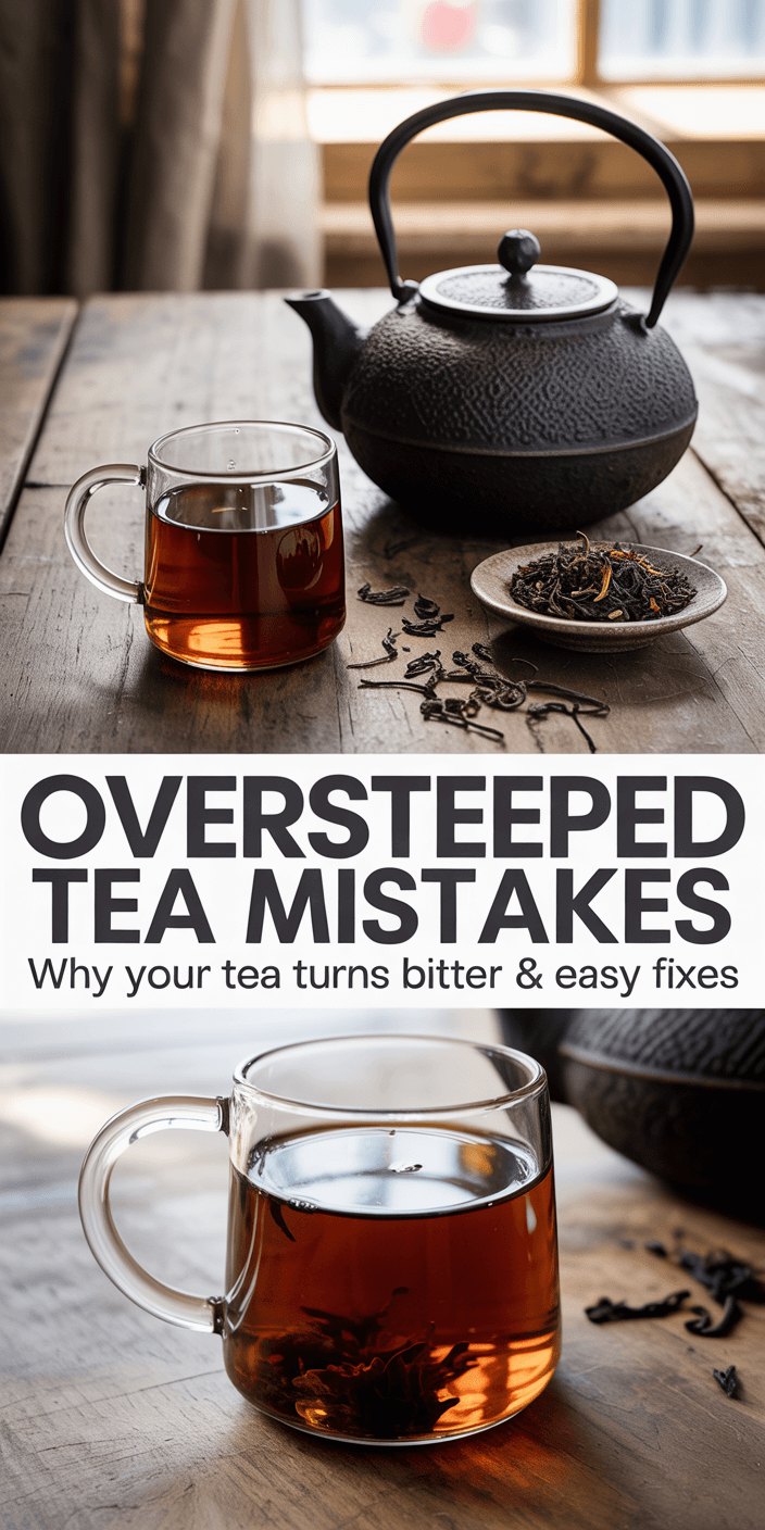 A cast iron teapot, glass mug of tea, and loose leaves on a wooden table. Text discusses oversteeped tea mistakes and fixes.