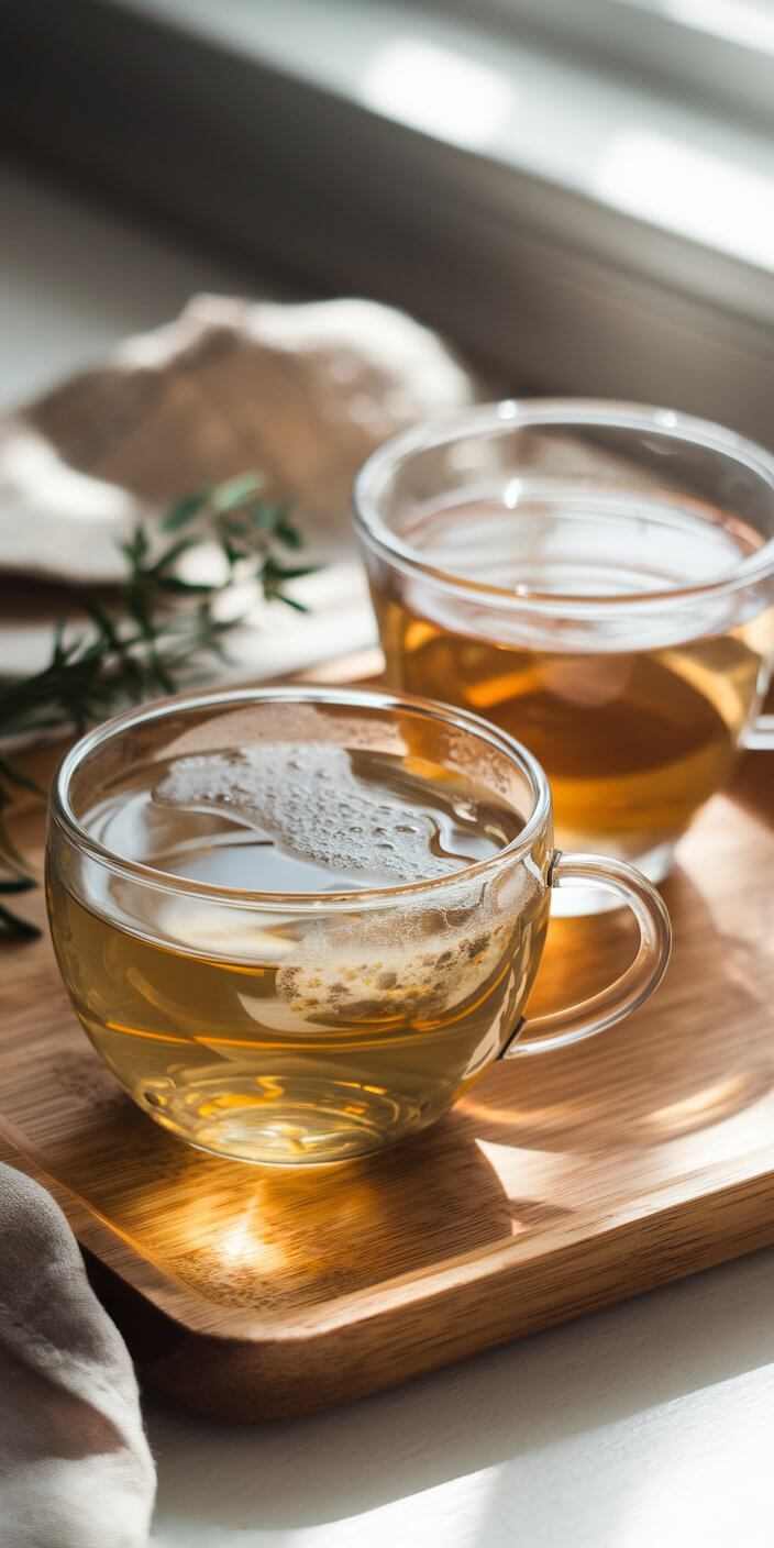 Two glass cups filled with tea on a wooden tray, next to a green plant, with sunlight streaming through a nearby window.