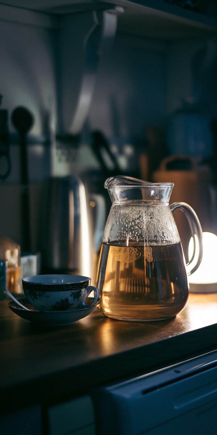 A dimly lit kitchen counter with a glass pitcher of tea, a decorative teacup, and a soft glowing light in the background.
