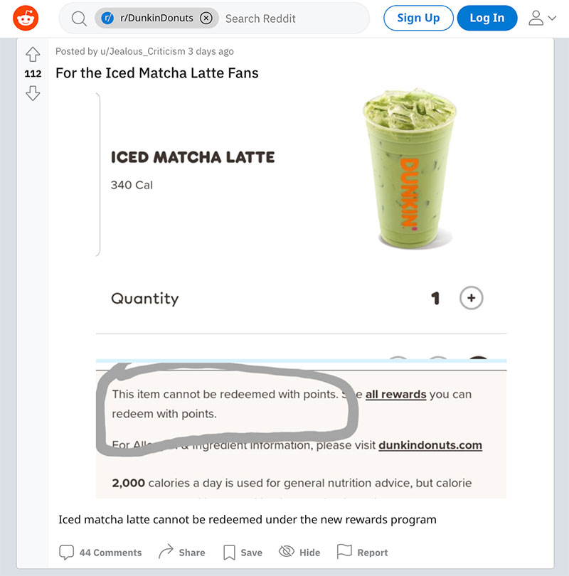 Dunkin Donuts Matcha Latte cannot be redeemed with points posted on Reddit