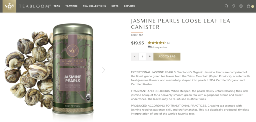 Teabloom Organic Green Tea, Jasmine Pearls Loose Leaf Tea