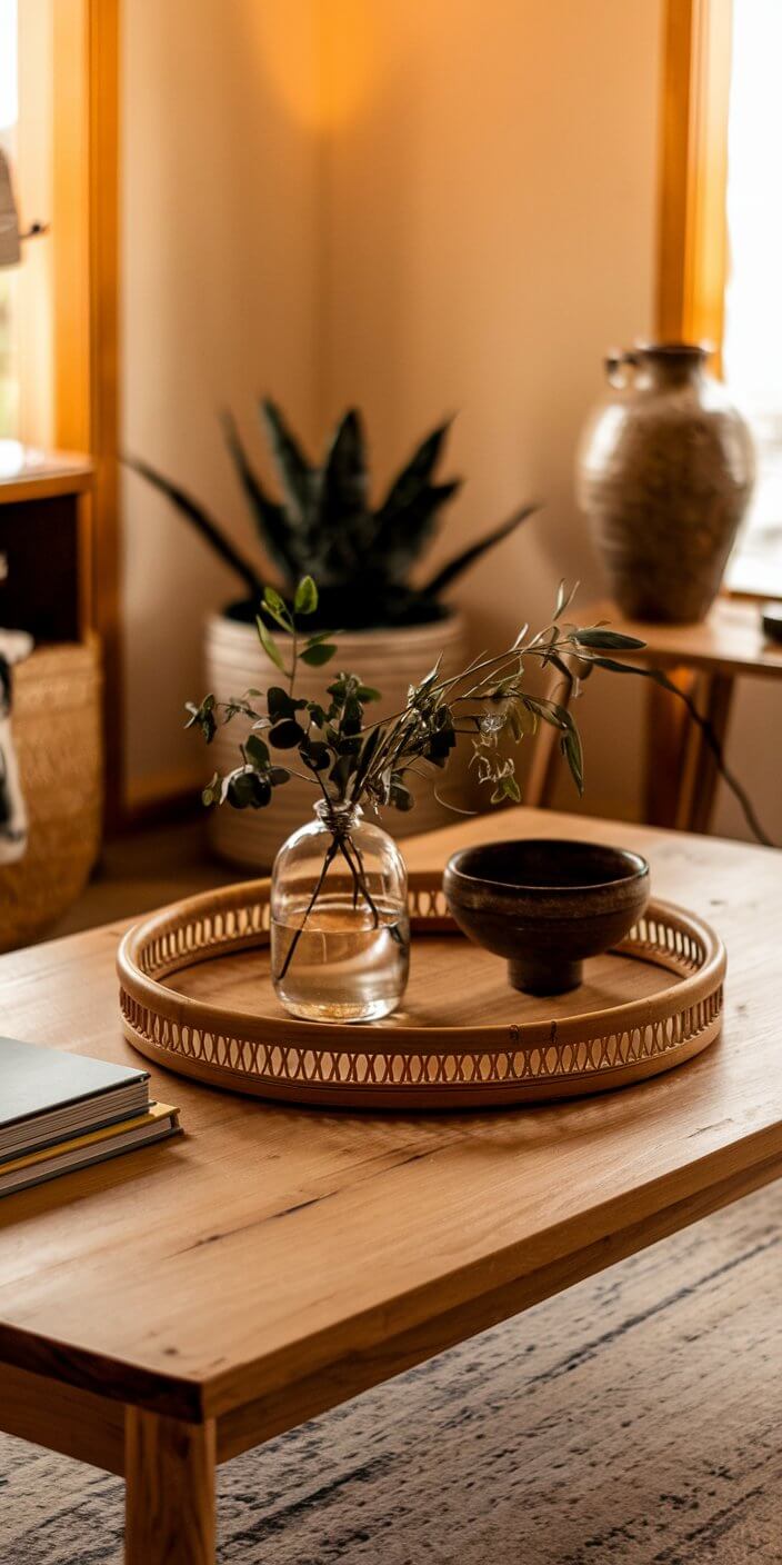 Cozy living room scene with wooden table, decorative tray, glass vase with greenery, ceramic bowl, soft light, and plant in background.