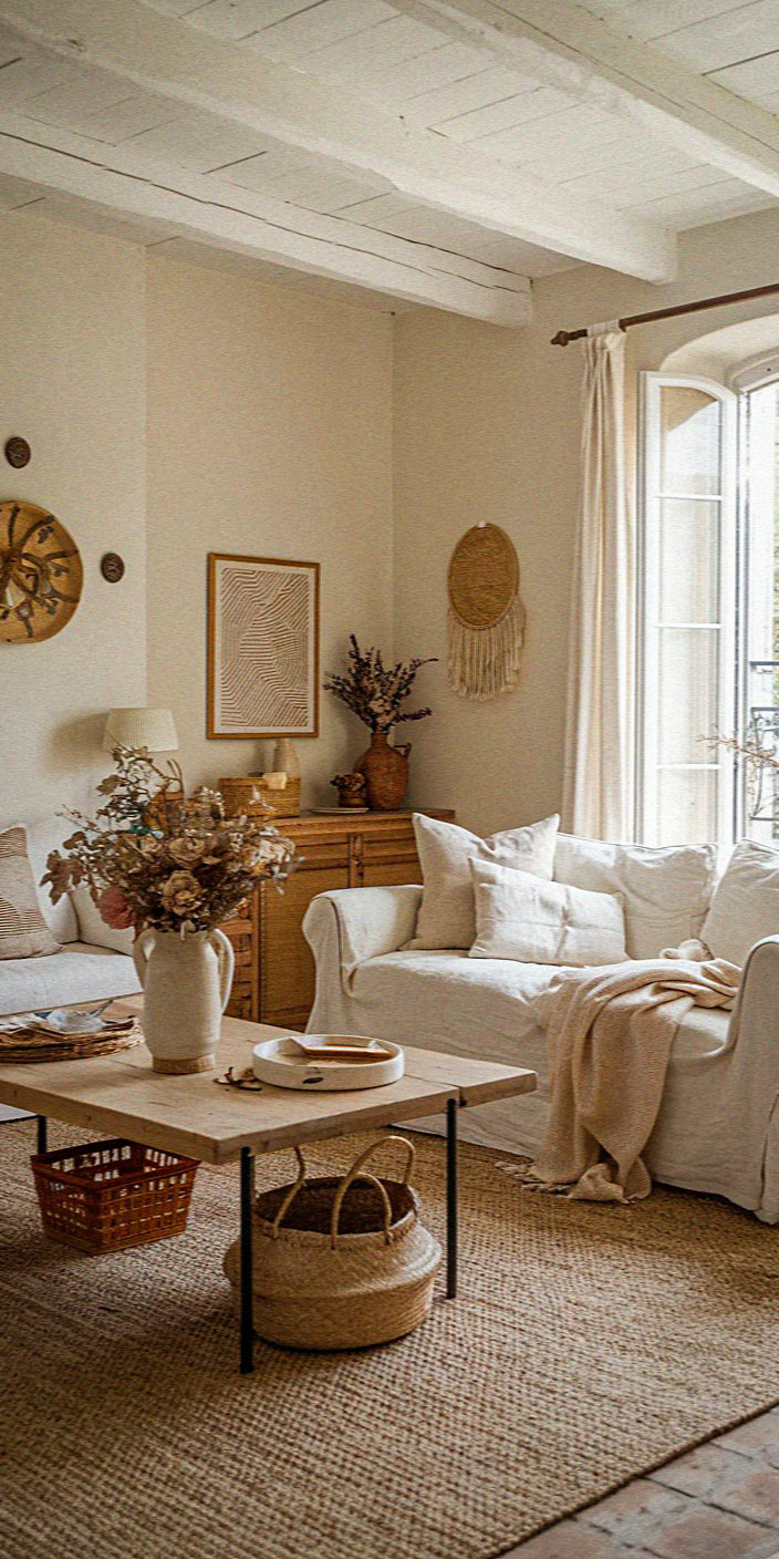 Cozy living room with neutral tones, featuring a white sofa, wooden coffee table, dried flowers, wall art, and a large window with curtains.