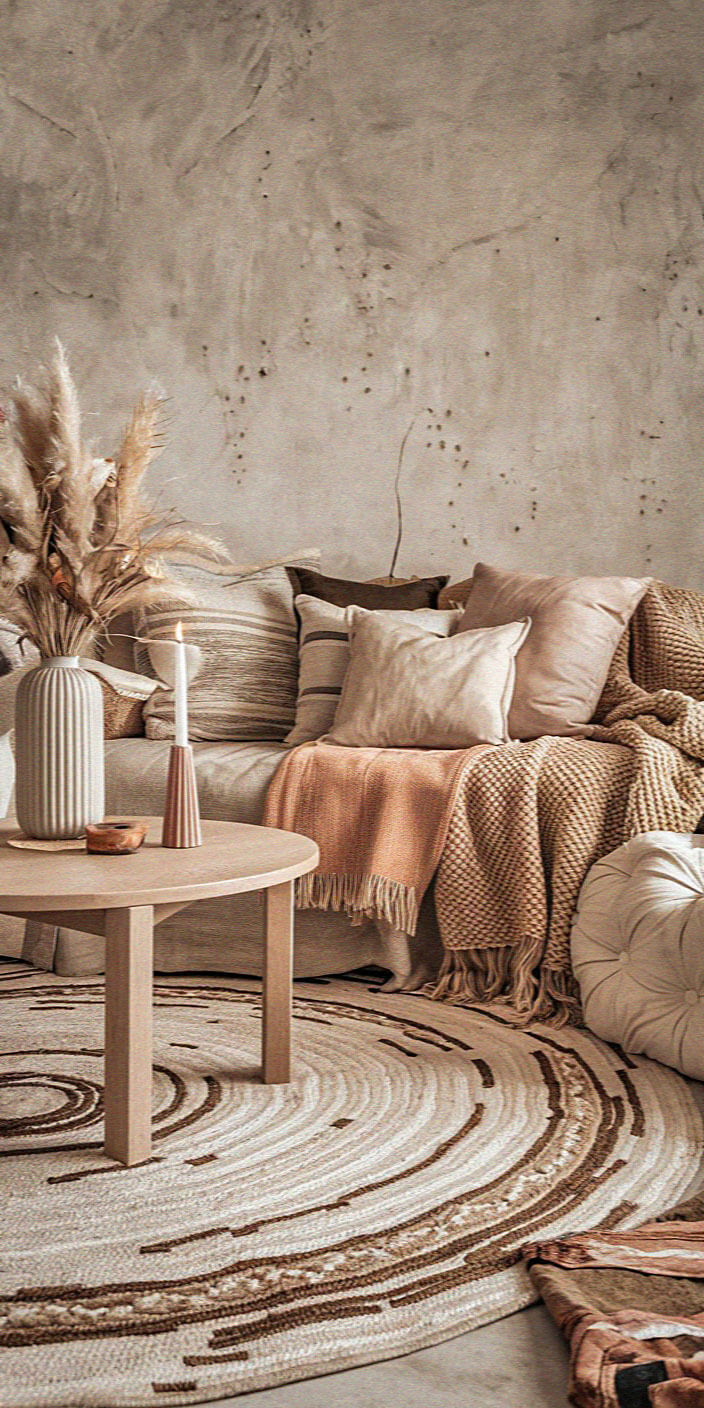 Cozy living room with neutral tones, featuring a plush sofa with cushions, a round table, decorative vase, candle, and a textured rug.