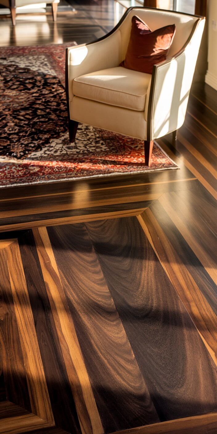 Sunlit room with elegant beige chair, decorated with a patterned carpet on polished wood flooring, creating a warm and inviting atmosphere.