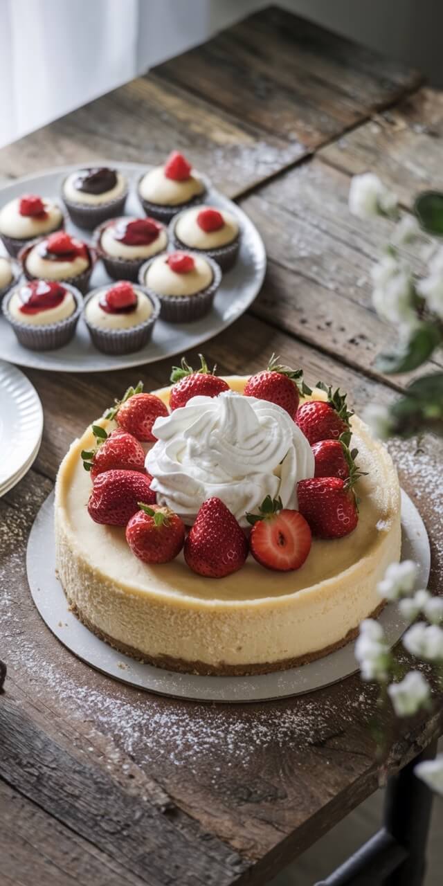 A cheesecake with strawberries and cream sits on a rustic wooden table, accompanied by a plate of cupcakes topped with berries.