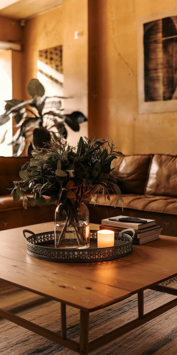 Cozy living room with a wooden table, vase of foliage, candle, books, leather couch, houseplant, and abstract art on a beige wall.