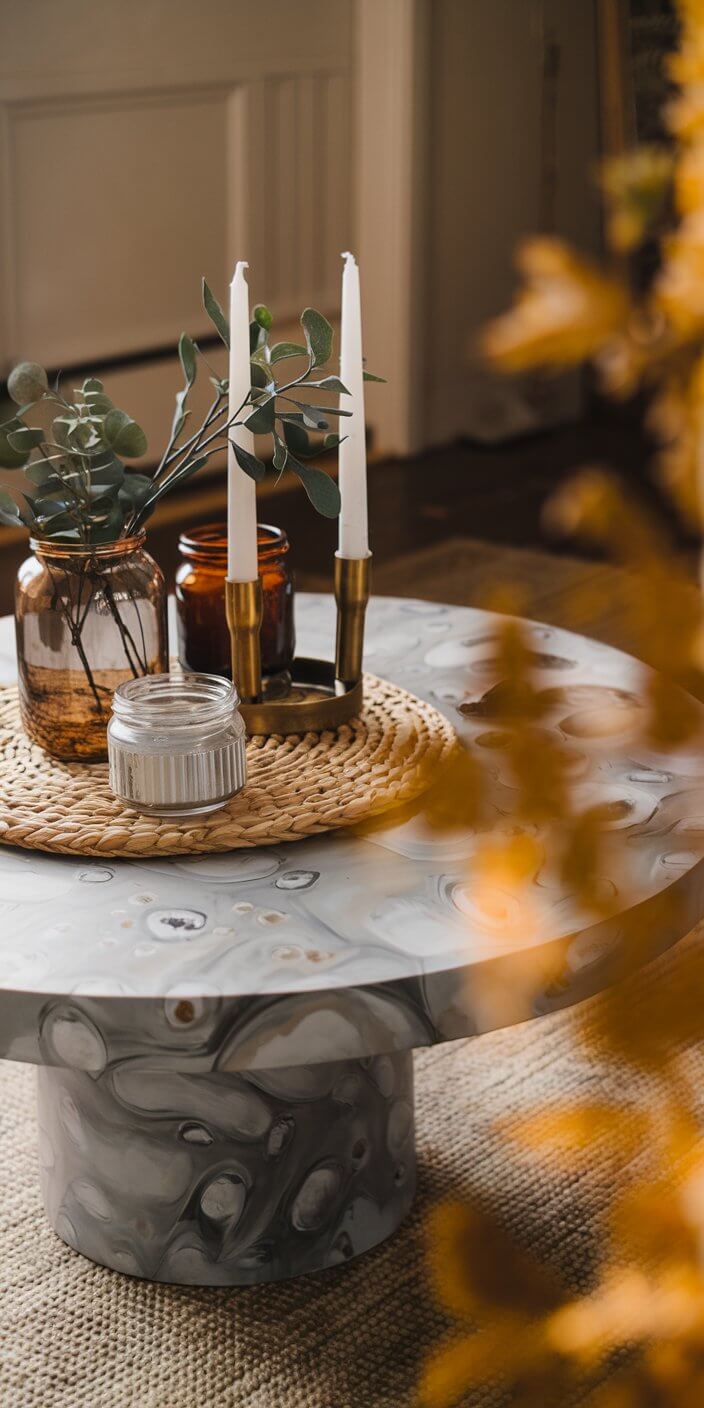 A stylish, round marble coffee table with candles, jars, and greenery decorates a cozy room with soft lighting.